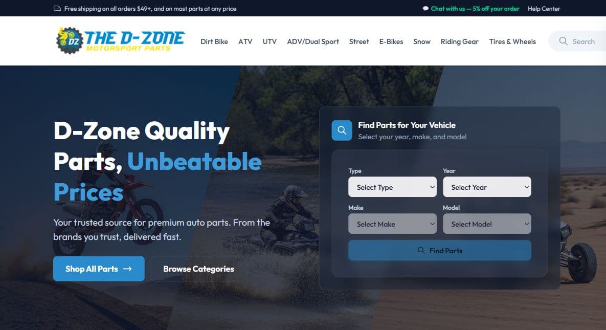 Current D-Zone storefront with powersports categories and vehicle parts search