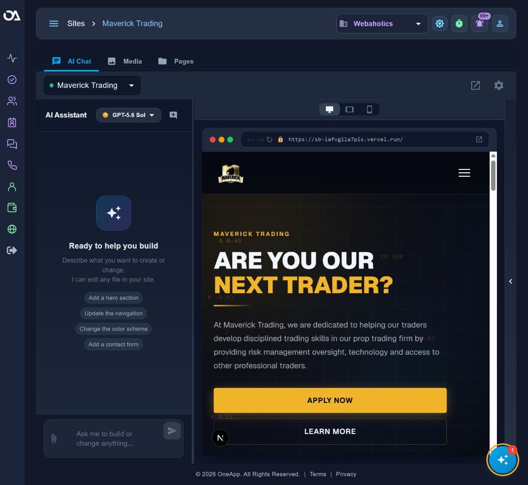 Maverick Trading in OneApp Site Builder · Editor preview, not a live deployment receipt.